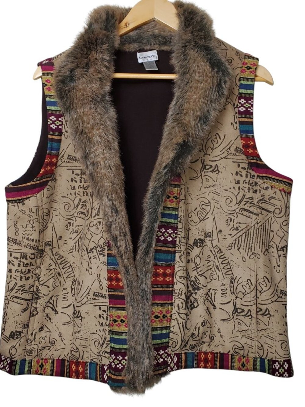 Chico's Women's Brown Faux Fur Tribal Print Art Vest Colorful Trim, Size 3